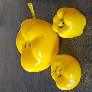 Vintage Plastic yellow tomatoe jam, salt, pepper.  50s?